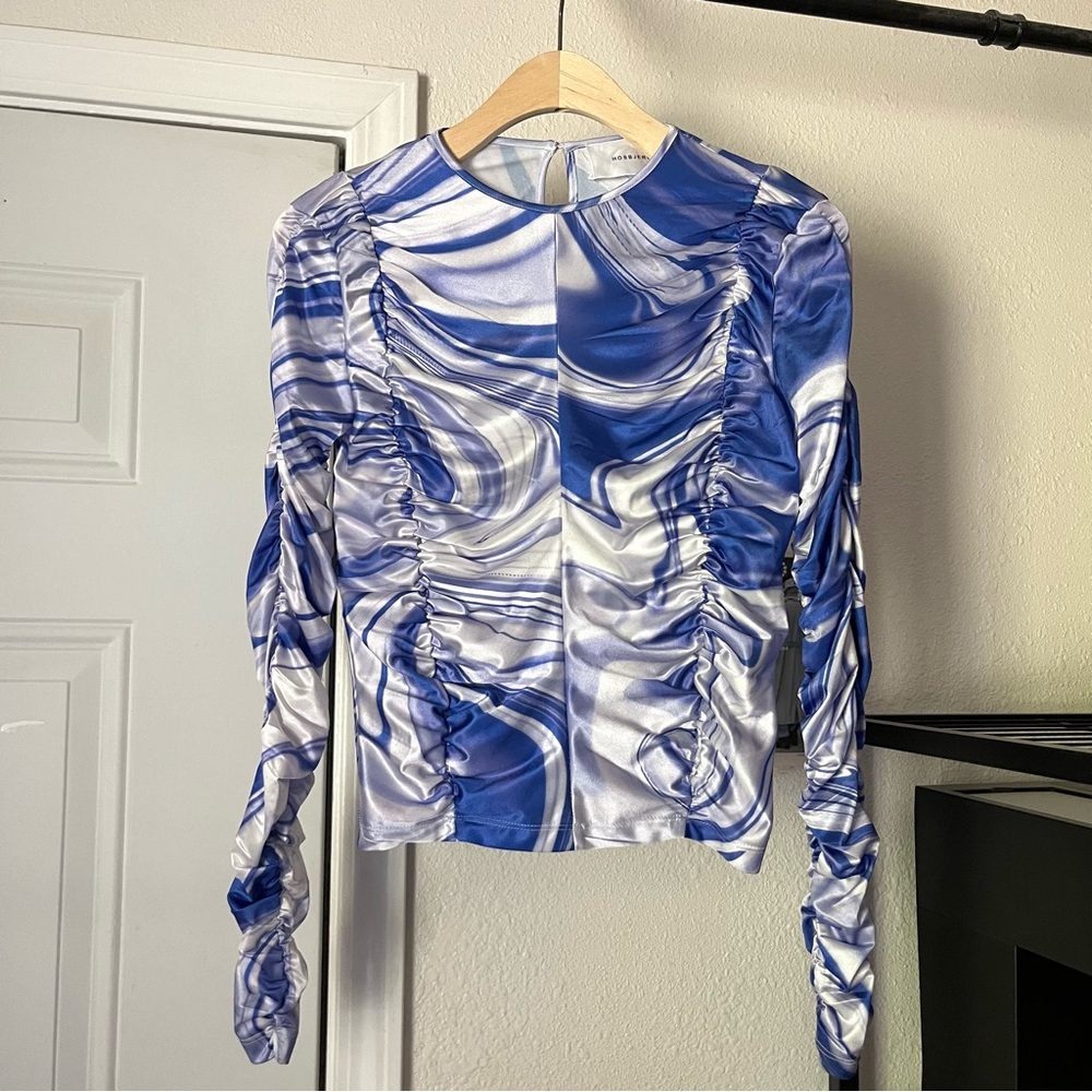 HOSBJERG blue white swirl‎ print ruched long sleeve top